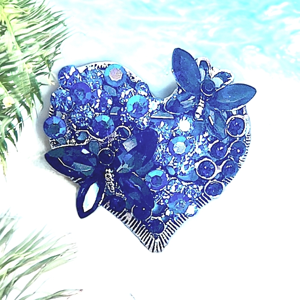 Blue Rhinestone Heart Butterfly Brooch